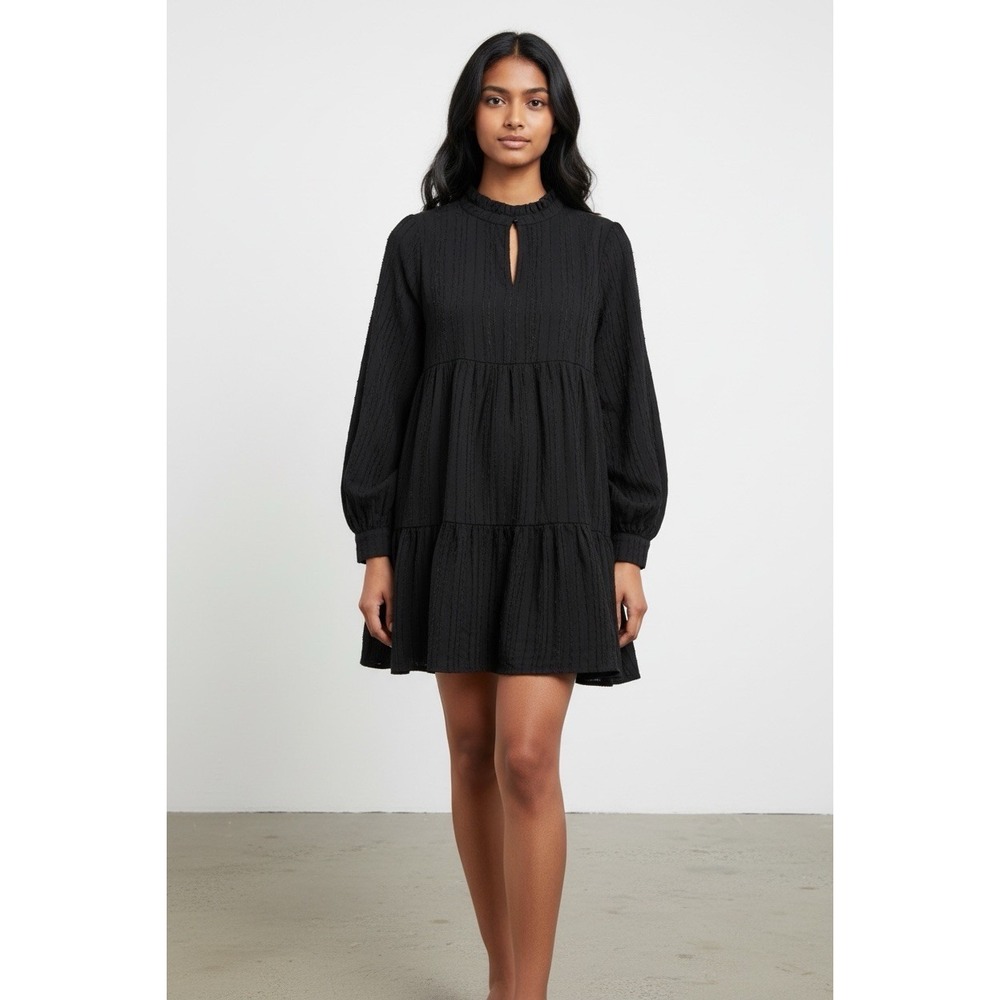 Ellison Black Textured Babydoll Mini Dress Ruffle Neck Tiered M Whimsical Boho